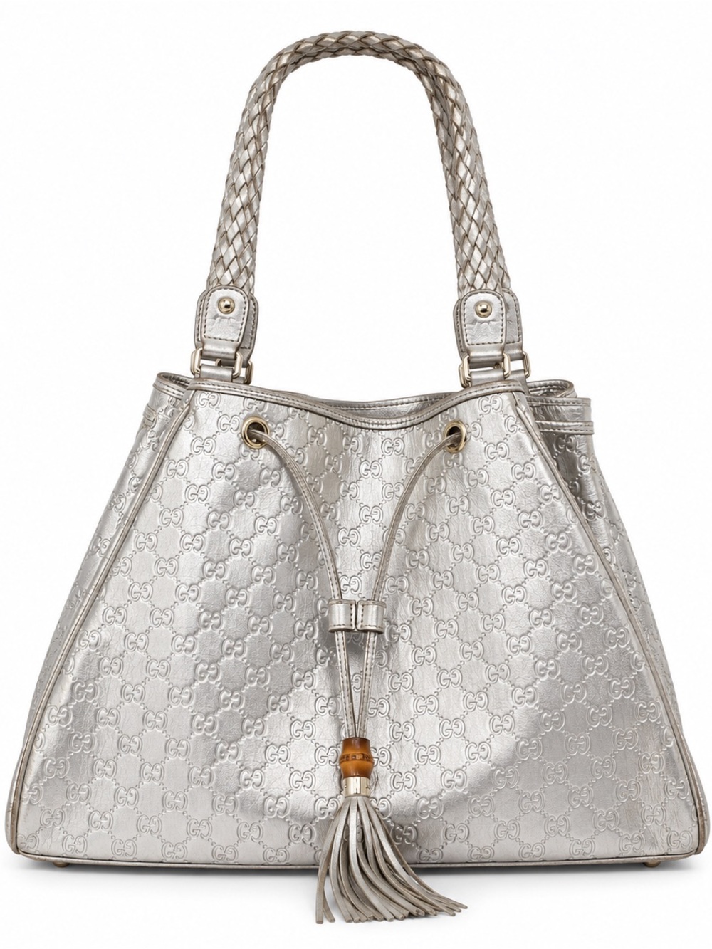 Gucci Guccissima Metallic Silver Vintage Y2K Tassel Shoulder Tote Bag